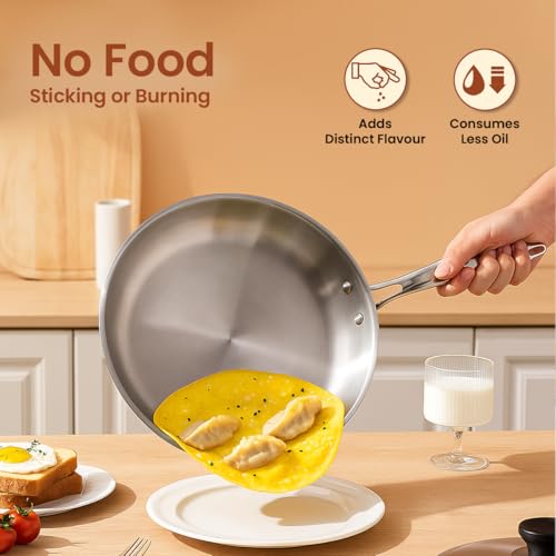 Omichef Triply Stainless Steel Frypan/Frying Pan with Lid | 20 cm, 1.1 L, 0.9 kg | Induction & Gas Compatible | ISI Certified, Food-Grade, PFOA-Free | 5 Year Warranty - Image 3