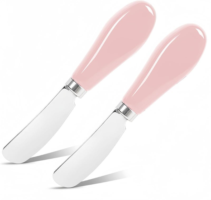 Siutco Butter Spreader Knife Set, 2-Pack Stainless Steel Cheese and Butter Knives with Ceramic Handle, Dishwasher Safe, for Soft & Hard Cheese, Jam, Cold Butter (Coral Pink) - Image 1