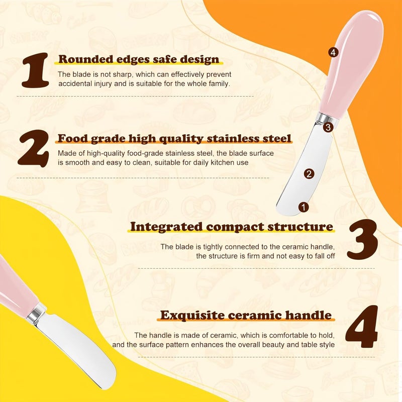 Siutco Butter Spreader Knife Set, 2-Pack Stainless Steel Cheese and Butter Knives with Ceramic Handle, Dishwasher Safe, for Soft & Hard Cheese, Jam, Cold Butter (Coral Pink) - Image 5