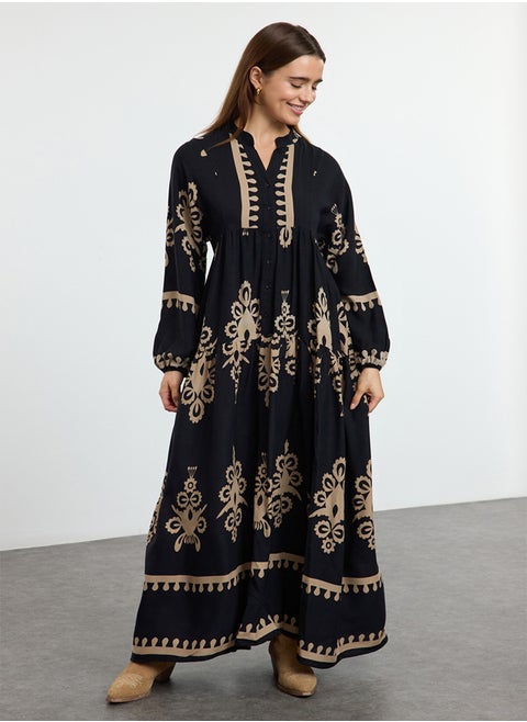 Black Authentic Patterned Viscose Woven Dress TCTSS24EB00221