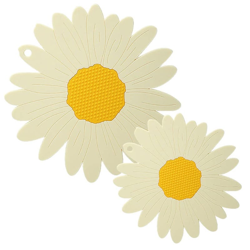 WOODTULA WOODTULA Non Slip Trivets for Hot Dishes Sunflower Kitchen Decor Trivet Mat Hot Pads for Countertop Silicone Trivet Mats Set of 2 BigSmall White - Image 1