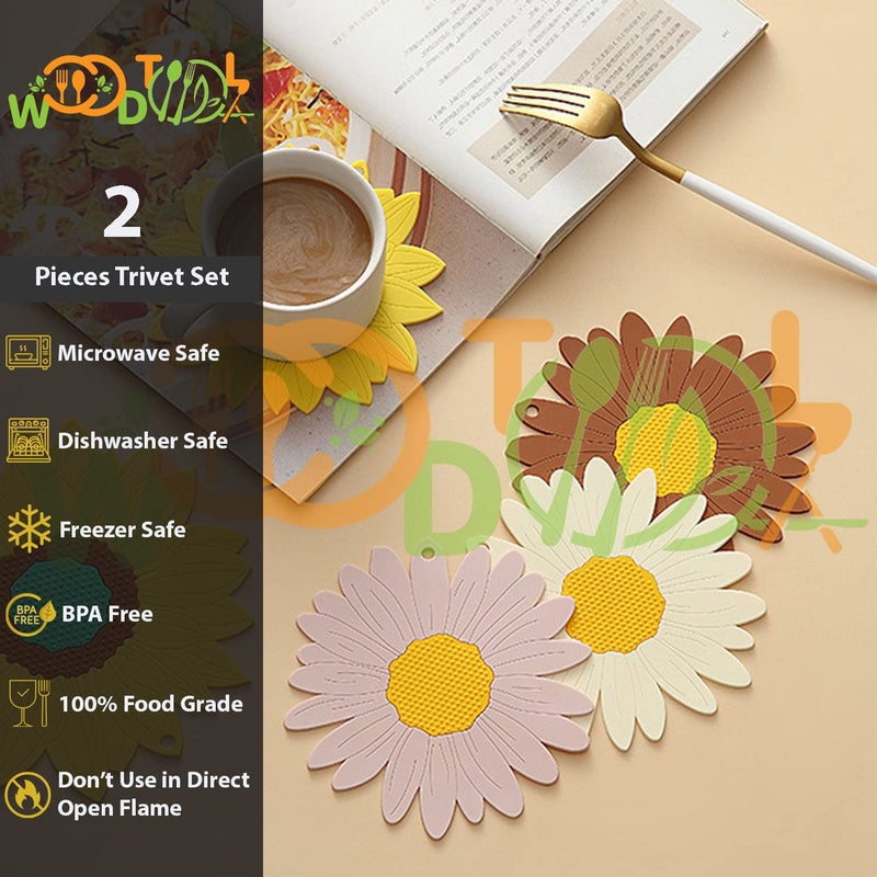 WOODTULA WOODTULA Non Slip Trivets for Hot Dishes Sunflower Kitchen Decor Trivet Mat Hot Pads for Countertop Silicone Trivet Mats Set of 2 BigSmall White - Image 3
