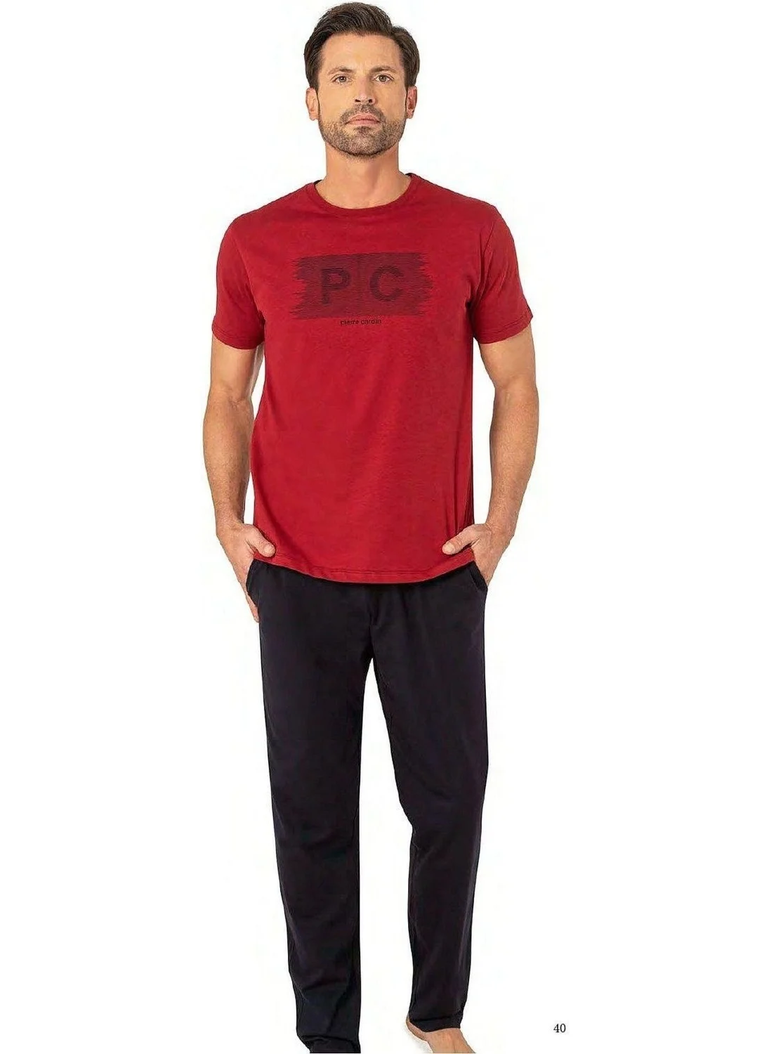 بيير كاردان 6084 Men's Short Sleeve Crew Neck Pajama Set-Burgundy
