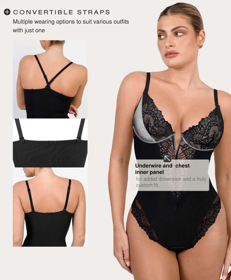 Popilush Shapewear Bodysuits for Women Tummy Control Lace Bodysuit V Neck Sleeveless Corset Tops Body Suit - Image 4