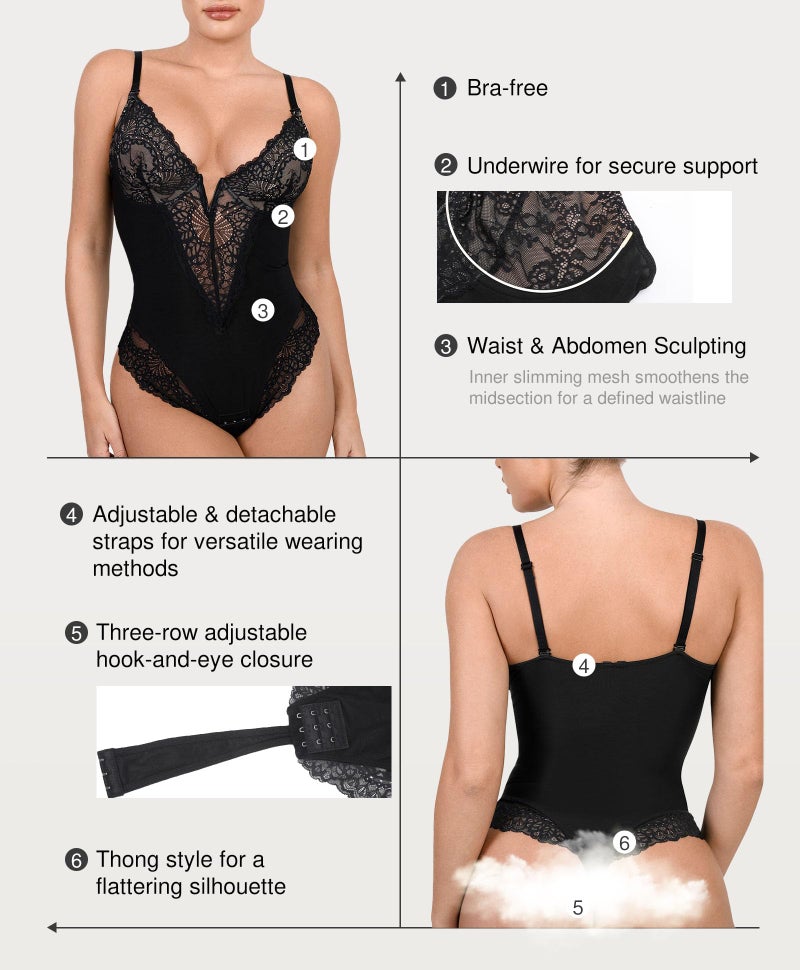 Popilush Shapewear Bodysuits for Women Tummy Control Lace Bodysuit V Neck Sleeveless Corset Tops Body Suit - Image 3
