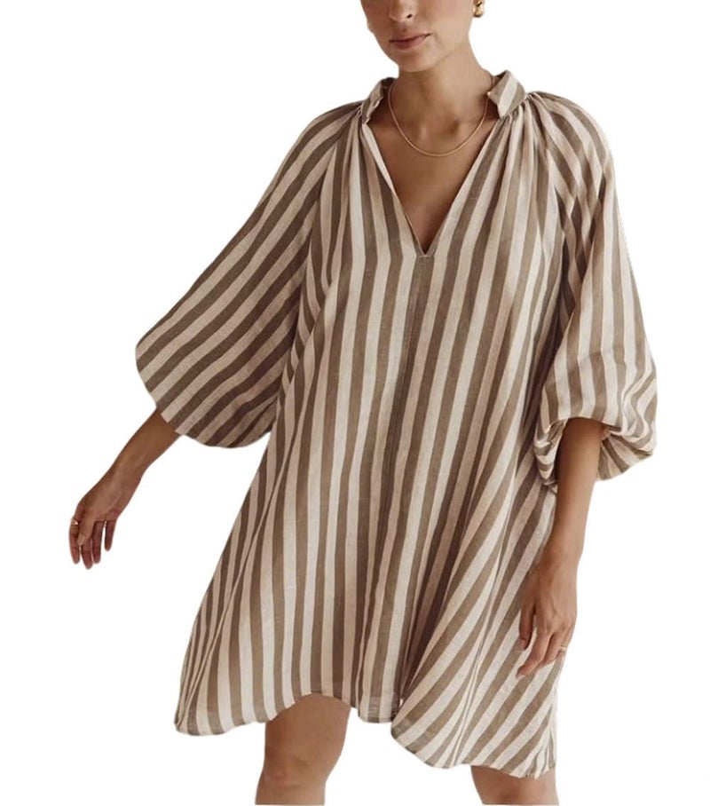 CHARTOU Women Summer Striped Beach Vacation Mini Dress 3/4 Sleeve Boho Chic Outfits Tunic Shift Dress(Large, Khaki) - Image 1
