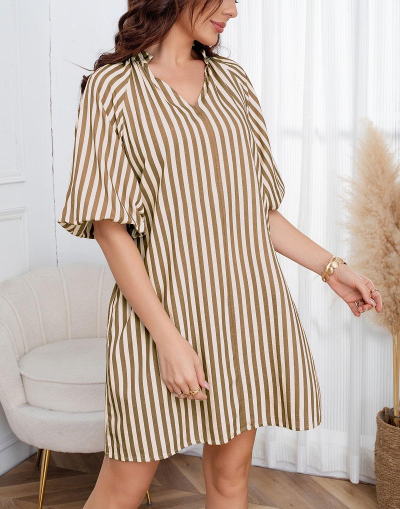 CHARTOU Women Summer Striped Beach Vacation Mini Dress 3/4 Sleeve Boho Chic Outfits Tunic Shift Dress(Large, Khaki) - Image 3