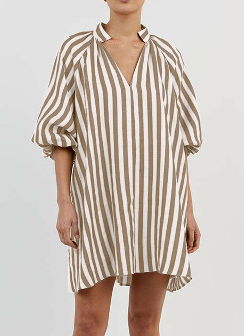 CHARTOU Women Summer Striped Beach Vacation Mini Dress 3/4 Sleeve Boho Chic Outfits Tunic Shift Dress(Large, Khaki) - Image 2