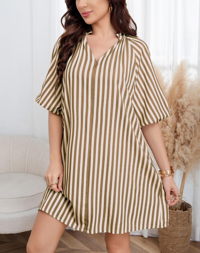 CHARTOU Women Summer Striped Beach Vacation Mini Dress 3/4 Sleeve Boho Chic Outfits Tunic Shift Dress(Large, Khaki) - Image 5