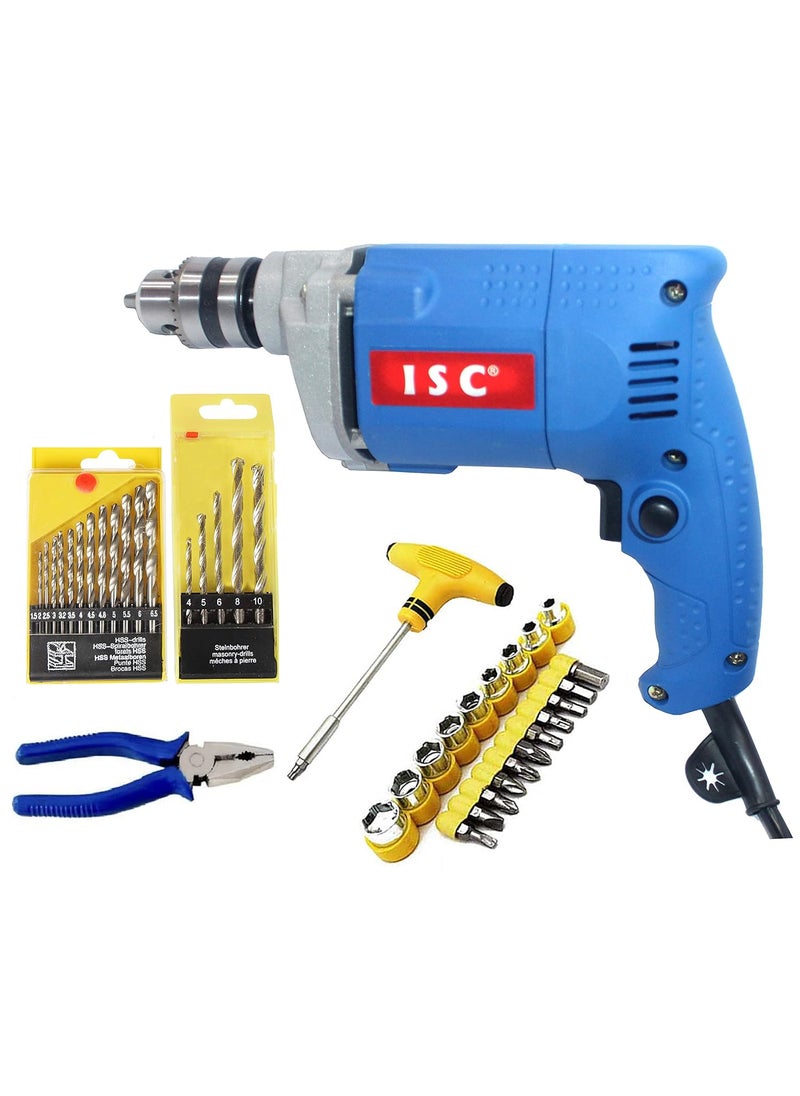 ISC ISC Mass Pro Electric Blue Drill Machine Combo TBar Socket Set With 13Pc HSS Drill Set 5Pc Masonary Drill Set and 8 Plier Combo Pistol Grip Drill Power Hand Tool Kit 41 Tools 