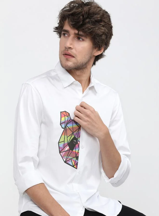 هاي لاندر Bear Placement Print Slim Fit Shirt with Long Sleeves by Styli