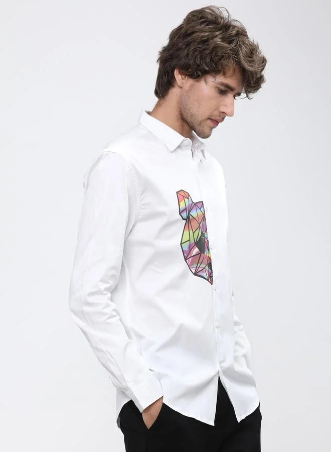 هاي لاندر Bear Placement Print Slim Fit Shirt with Long Sleeves by Styli