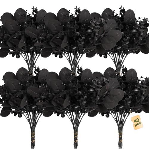 ZeKonan 40 Pcs Artificial Black Eucalyptus Stems, Fake Eucalyptus Leaves Branches Bouquet for Flower Arrangement DIY, Black Silk Flowers for Home Halloween Farmhouse Decor - Image 1
