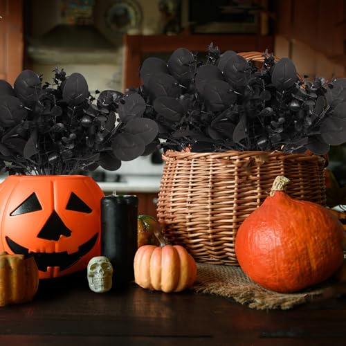 ZeKonan 40 Pcs Artificial Black Eucalyptus Stems, Fake Eucalyptus Leaves Branches Bouquet for Flower Arrangement DIY, Black Silk Flowers for Home Halloween Farmhouse Decor - Image 3