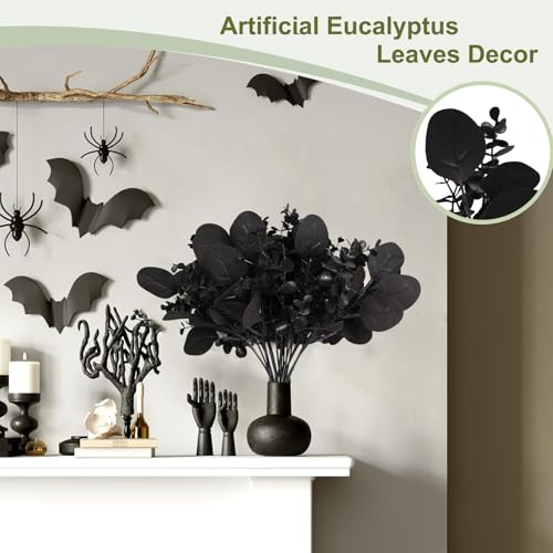 ZeKonan 40 Pcs Artificial Black Eucalyptus Stems, Fake Eucalyptus Leaves Branches Bouquet for Flower Arrangement DIY, Black Silk Flowers for Home Halloween Farmhouse Decor - Image 2
