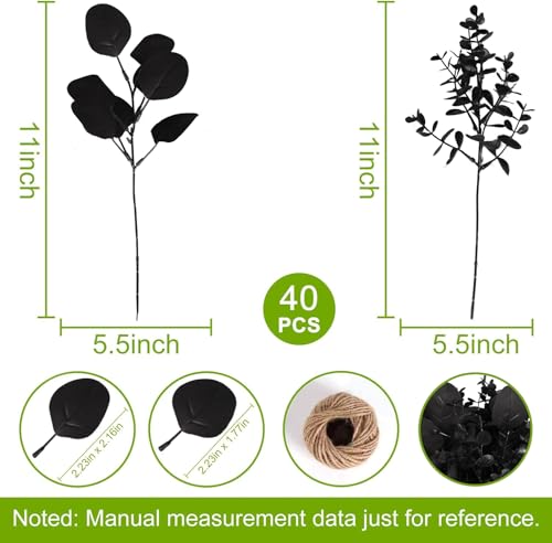 ZeKonan 40 Pcs Artificial Black Eucalyptus Stems, Fake Eucalyptus Leaves Branches Bouquet for Flower Arrangement DIY, Black Silk Flowers for Home Halloween Farmhouse Decor - Image 4