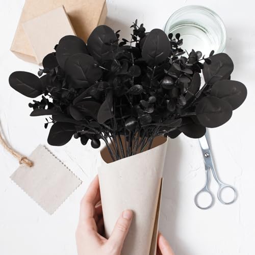 ZeKonan 40 Pcs Artificial Black Eucalyptus Stems, Fake Eucalyptus Leaves Branches Bouquet for Flower Arrangement DIY, Black Silk Flowers for Home Halloween Farmhouse Decor - Image 5