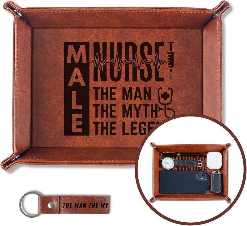 INNObeta INNObeta Male Nurse Gifts Valet Tray for Men Desktop Storage Organizer PU Leather Bedside Tray Key Coin Holder for Birthday  The Man The Myth The Legend  - Image 1