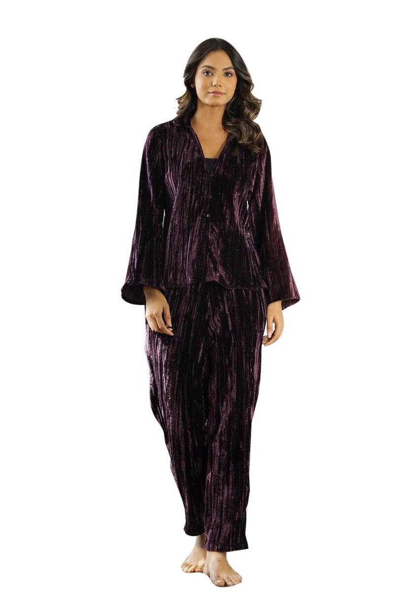 SAY Women's Velvet Night Suit Set Shirt and Pyjama Lounge Wear Night Dress (Wine, X-Large) - Image 1