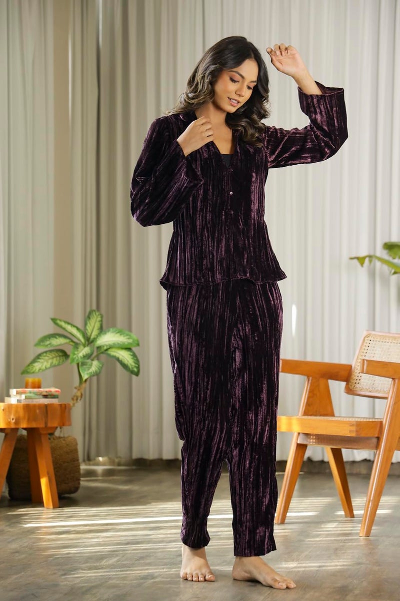 SAY Women's Velvet Night Suit Set Shirt and Pyjama Lounge Wear Night Dress (Wine, X-Large) - Image 4