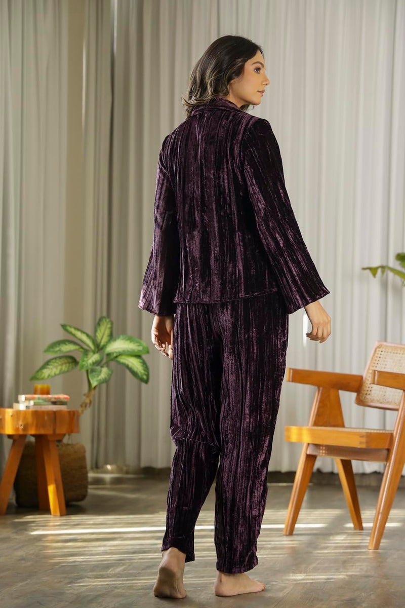 SAY Women's Velvet Night Suit Set Shirt and Pyjama Lounge Wear Night Dress (Wine, X-Large) - Image 3