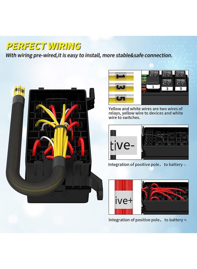 Gebildet 12V Fuse and Relay Box with 5pcs 5-Pin JD1914 40A Relay and 1pc 4-Pin Relay 6 ATC/ATO Blade Fuse, Universal Waterproof Fuse Relay Box for Automotive Car Truck Marine Boat - Image 4