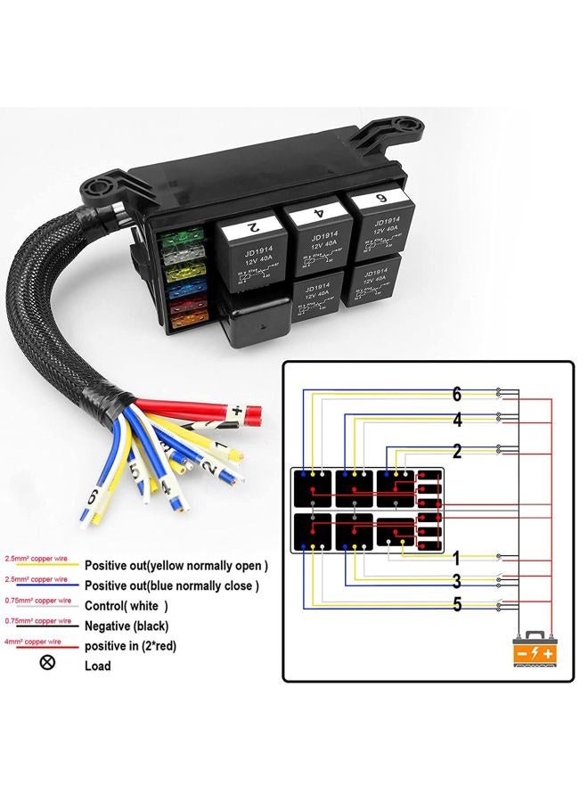Gebildet 12V Fuse and Relay Box with 5pcs 5-Pin JD1914 40A Relay and 1pc 4-Pin Relay 6 ATC/ATO Blade Fuse, Universal Waterproof Fuse Relay Box for Automotive Car Truck Marine Boat - Image 3
