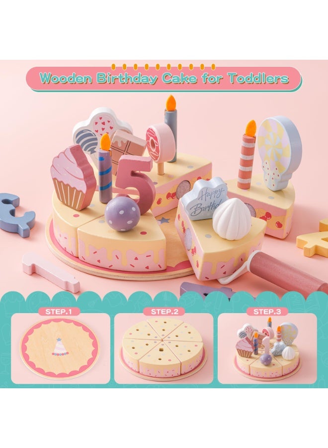 ألعاب كعكة حفلات أعياد الميلاد طقم طعام خشبي للأطفال والصغار ألعاب مطبخ للأولاد والبنات ألعاب تعليمية طقم كعكة عيد ميلاد مع إضافات وسكين تقطيع هدية تعلم ممتعة ومميزة جداً لكل الأطفال في المنزل - Image 4