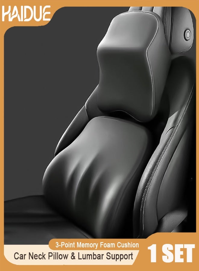 Haidue 2PCS Black Car Neck Pillow & Lumbar Support Set - Ergonomic 3-Point Memory Foam Cushion for Neck/Back Pain Relief, Adjustable Headrest & Waist Pillow for Car, Home, Office - Image 1