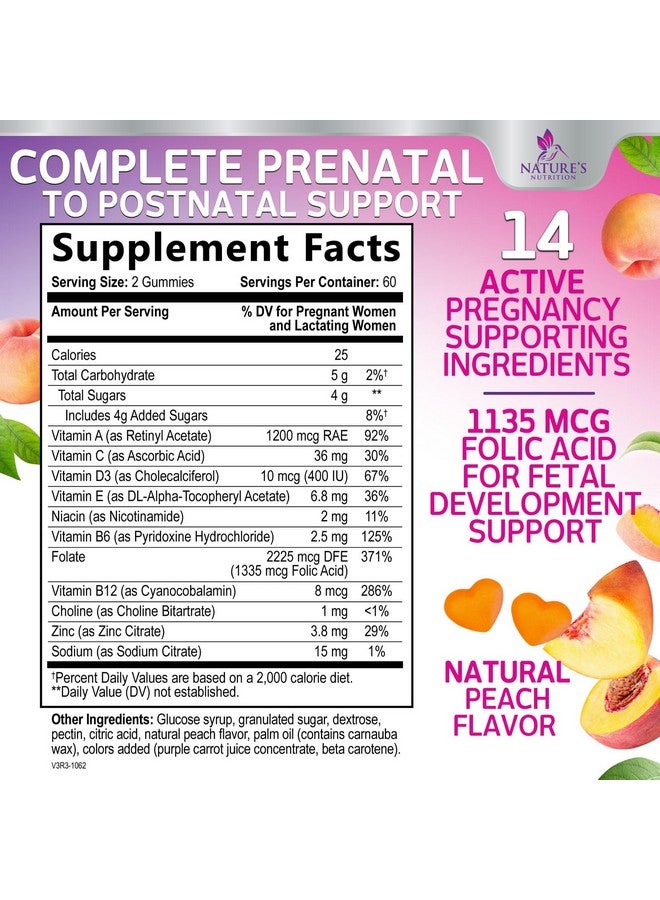 Nature's Nutrition Prenatal Gummy with Folic Acid, Prenatal Vitamins and Minerals for Fetal Support, Vitamin A, C, D3, B12, B6 & Folate, Prenatal Multivitamin for Pregnant & Nursing Women - 120 Gummies, 60 Day Supply - Image 2