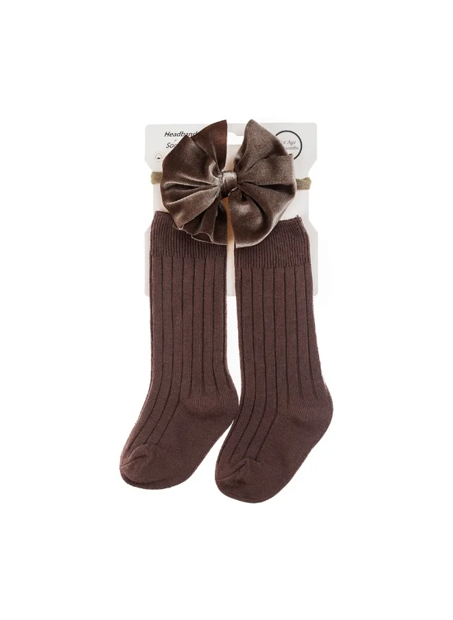 دىدانيالا Mikha Socks & Ribbon Bow Set For Babies and Girls - Dark Brown