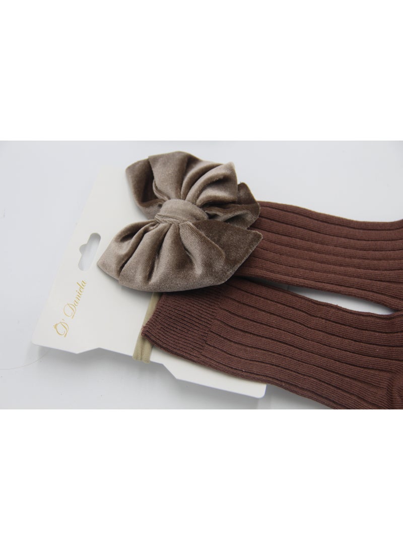 D'Daniela Mikha Socks & Ribbon Bow Set For Babies and Girls - Dark Brown - Image 4