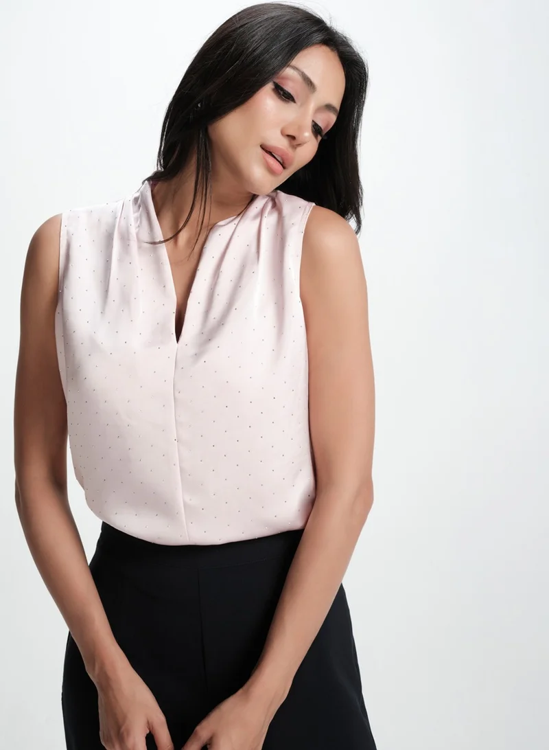 Zigzag Glitter Detailed Vneck With Shoulder Pleated Top-Pink