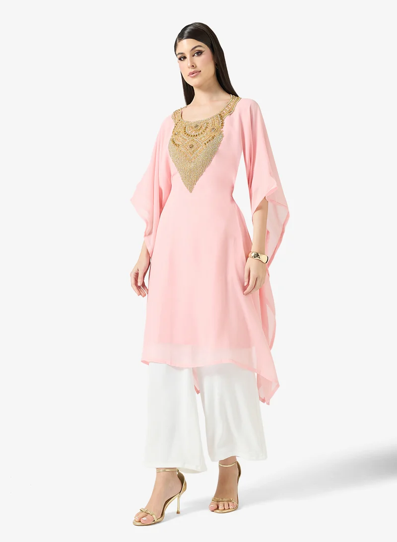 ارابيان كلوزيت Gold Embroidered Round Neck Kaftan
