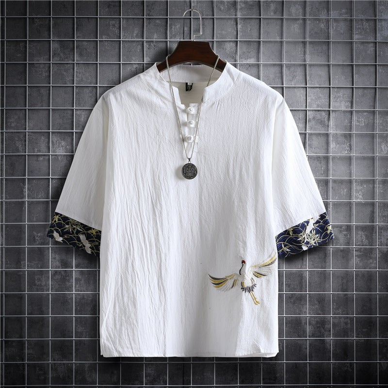 Shake the sound supply explosions a generation of Chinese wind cotton and linen crane short sleeve casual summer cotton and linen thin T-shirt men - Image 1
