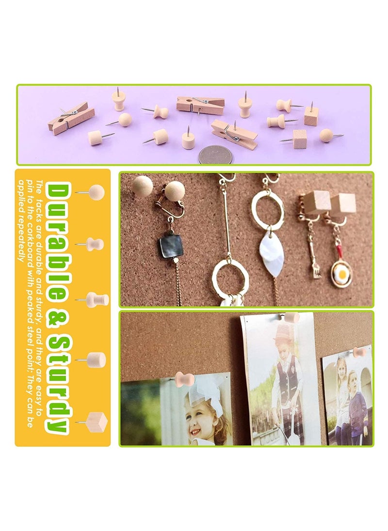 Y&D 135Pcs 6 Types Wood Push Pins Assortment Kit Wooden Head Steel Thumb Tacks Clips Decorative for Cork Boards Map Photos Calendar Home Office Craft Projects with Box  - Image 3