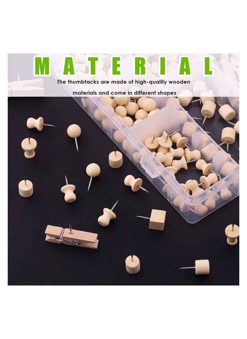 Y&D 135Pcs 6 Types Wood Push Pins Assortment Kit Wooden Head Steel Thumb Tacks Clips Decorative for Cork Boards Map Photos Calendar Home Office Craft Projects with Box  - Image 5