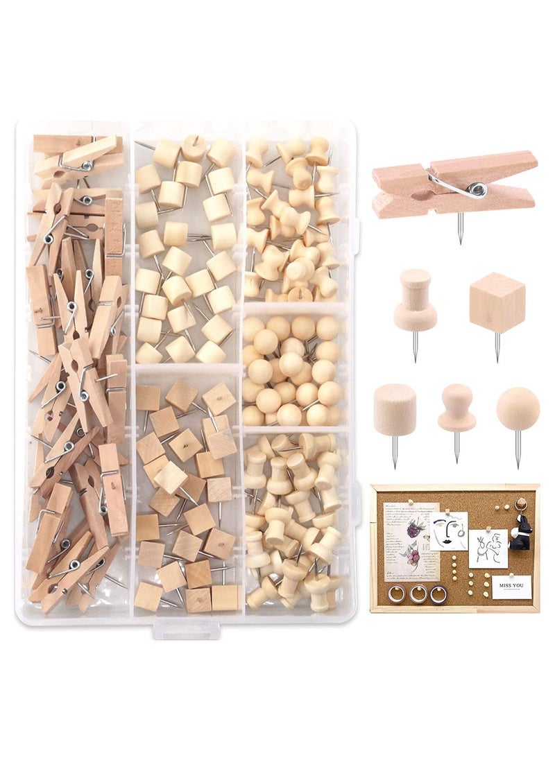 Y&D 135Pcs 6 Types Wood Push Pins Assortment Kit Wooden Head Steel Thumb Tacks Clips Decorative for Cork Boards Map Photos Calendar Home Office Craft Projects with Box  - Image 1