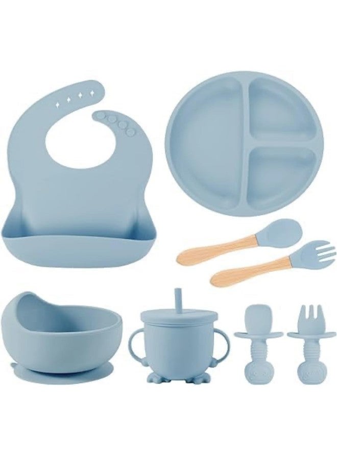Richtots Premium Silicone Baby Feeding Set, Complete 8-Piece Baby Led Weaning Set | Baby Feeding Product,Suction Plate, Bowl,Cup, 2 Spoon, 2 Fork and Bib for Baby Sky Blue (Sky Blue) - Image 1