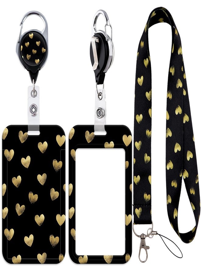 DMLSKY ID Badge Holder with Lanyard Golden Heart, Cute Lanyards for ID Badges and Retractable Badge Reel with Carabiner Hook, Vertical Name Badge Clip for Nurse Teacher - Image 1
