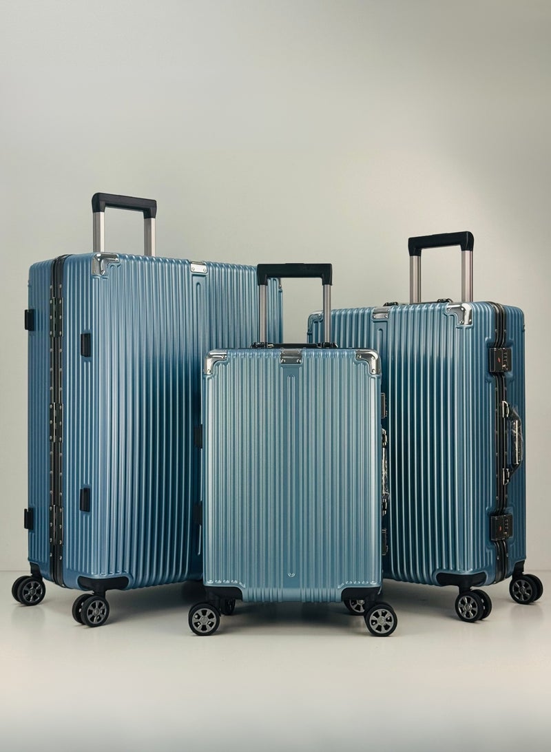SAW & SEE Light Weight Polycarbonate Aluminum Frame Fashion Trolley Luggage Set of 3-piece Strong Hard Suit Case with Dual Strong TSA approved Lock and 4 Quite 360° Double Spinner wheels Suitcase set (Carry-on Luggage, Medium Checked Luggage and Large Checked Luggage (20-Inch/24-Inch/28-Inch)(12KG/25KG/35KG) - BLUE - Image 1