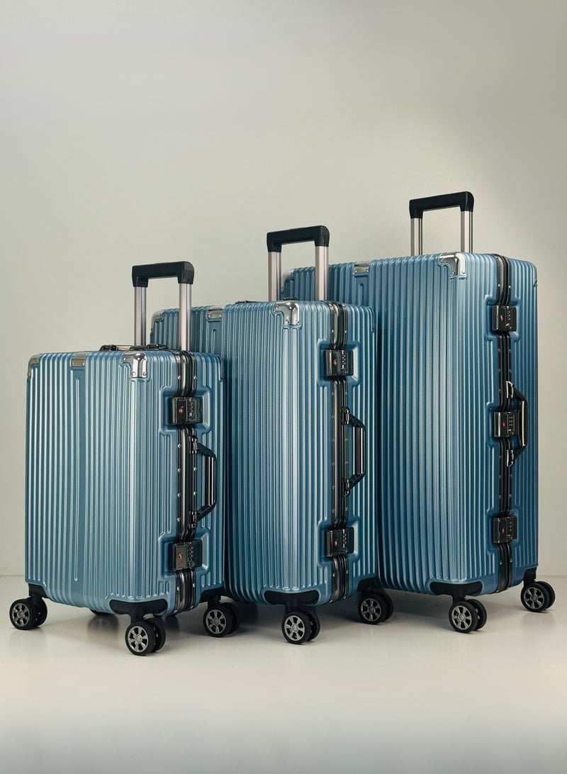 SAW & SEE Light Weight Polycarbonate Aluminum Frame Fashion Trolley Luggage Set of 3-piece Strong Hard Suit Case with Dual Strong TSA approved Lock and 4 Quite 360° Double Spinner wheels Suitcase set (Carry-on Luggage, Medium Checked Luggage and Large Checked Luggage (20-Inch/24-Inch/28-Inch)(12KG/25KG/35KG) - BLUE - Image 2