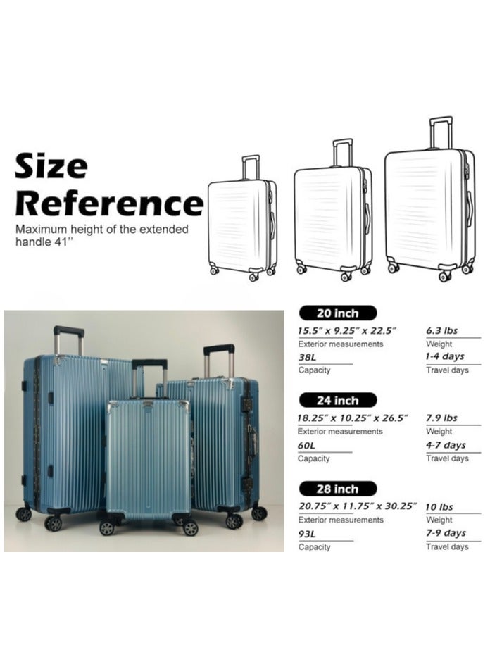 SAW & SEE Light Weight Polycarbonate Aluminum Frame Fashion Trolley Luggage Set of 3-piece Strong Hard Suit Case with Dual Strong TSA approved Lock and 4 Quite 360° Double Spinner wheels Suitcase set (Carry-on Luggage, Medium Checked Luggage and Large Checked Luggage (20-Inch/24-Inch/28-Inch)(12KG/25KG/35KG) - BLUE - Image 4