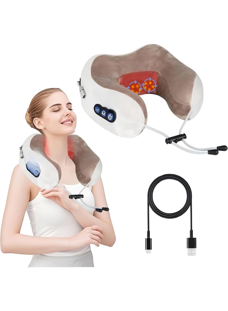 Rechargeable Electric Neck Massager Pillow with Heat - 3 Strengths & 3 Modes - Deep Tissue Kneading Cushion for Travel & Home Pain Relief