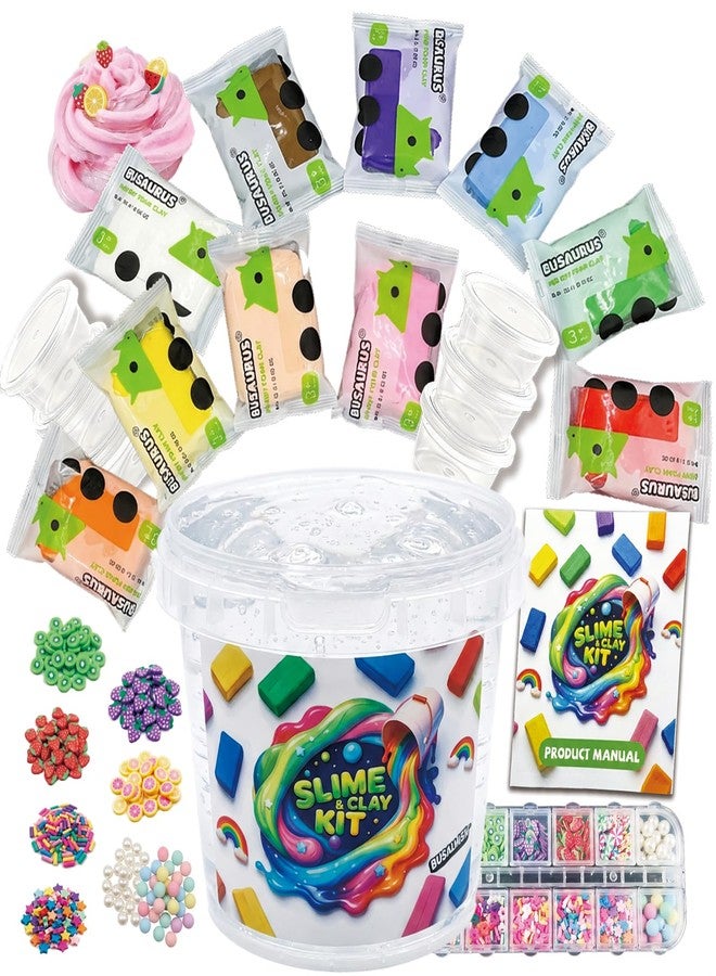 Busaurus Jumbo Slime & Clay Bucket Kit, with 17 FL OZ Clear Slime + 10 Packs Foam Clay & Add-ins, Huge Non-Sticky DIY Creative Butter Slime Toy for Girls and Boys, Gift for Kids Party Favors & Birthday Present - Image 1