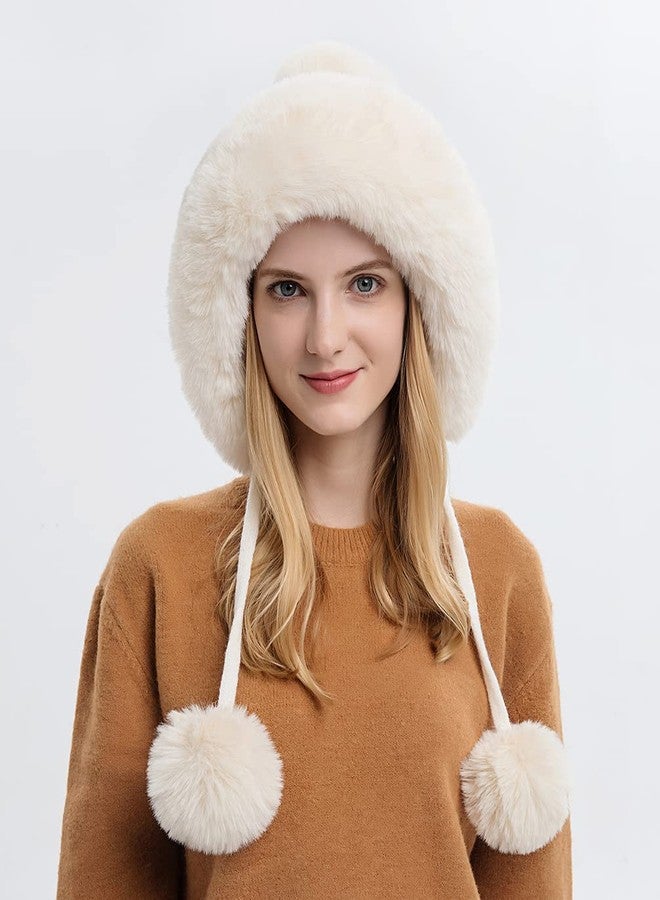 FASHIXD Winter Beanie Hats for Women with Ear Flaps Faux Fur Crochet Skull Cap Warm Outdoor Ski Snow Hats Pompoms - Image 2