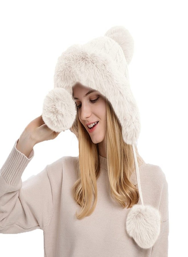 FASHIXD Winter Beanie Hats for Women with Ear Flaps Faux Fur Crochet Skull Cap Warm Outdoor Ski Snow Hats Pompoms - Image 1