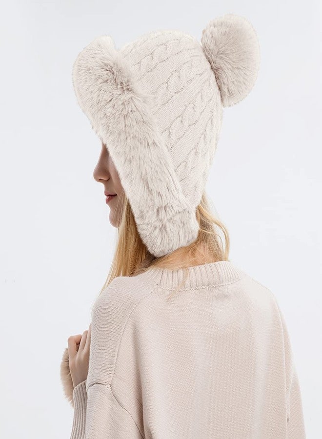 FASHIXD Winter Beanie Hats for Women with Ear Flaps Faux Fur Crochet Skull Cap Warm Outdoor Ski Snow Hats Pompoms - Image 3