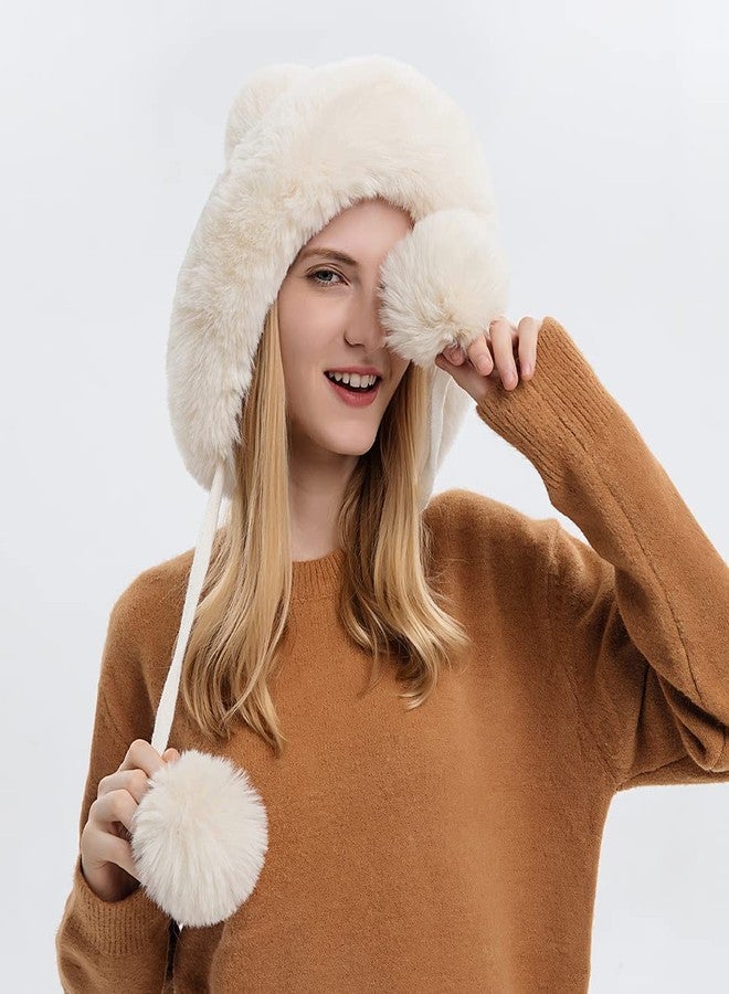 FASHIXD Winter Beanie Hats for Women with Ear Flaps Faux Fur Crochet Skull Cap Warm Outdoor Ski Snow Hats Pompoms - Image 4