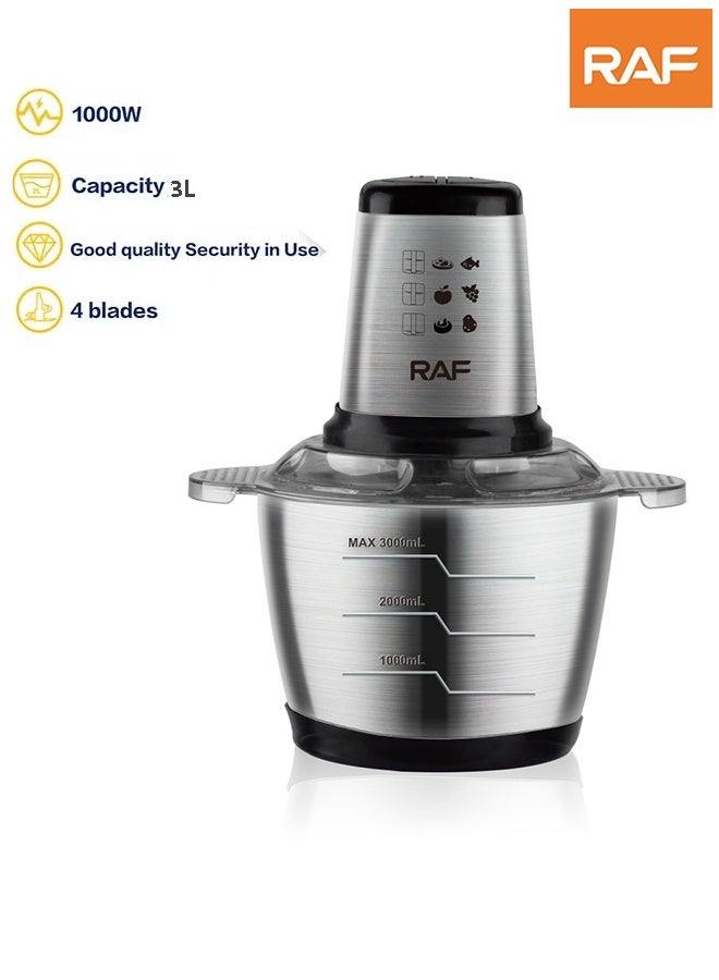 RAF 3L Electric Chopper,Food Processor,2 Speeds Electric Meat Grinder with 4-Blades,Stainless Steel Bowl,1000W,R.7031,Silver/Black - Image 1